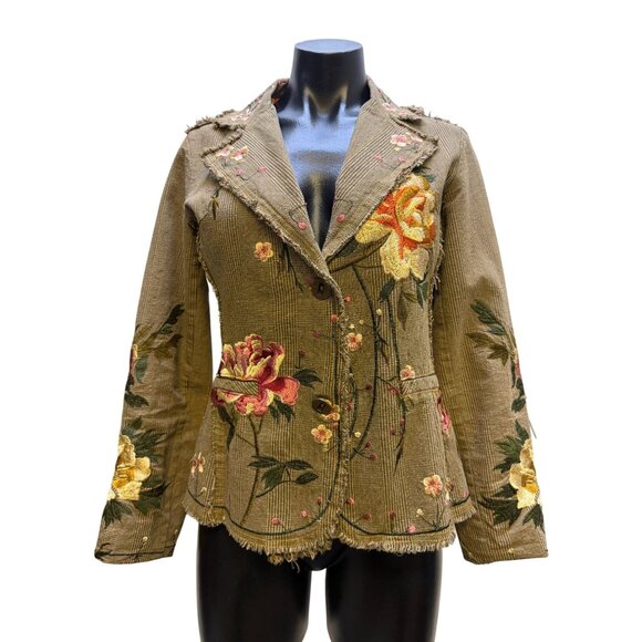 Paparazzi Embroidered Olive Pink Corduroy Floral Jacket With Fringe Detail Butto